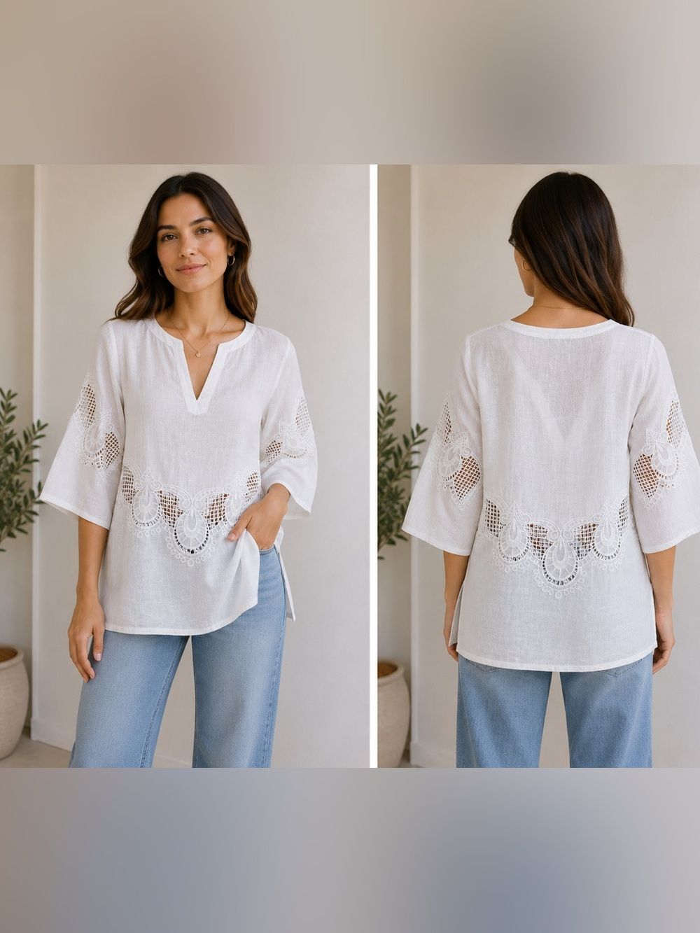(S) J.M.P. 100% White Linen
Women's Embroidered Tunic-Style Blouse
Size XL